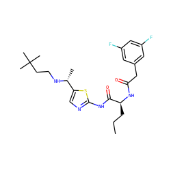 CCC[C@H](NC(=O)Cc1cc(F)cc(F)c1)C(=O)Nc1ncc([C@@H](C)NCCC(C)(C)C)s1 ZINC000028827396
