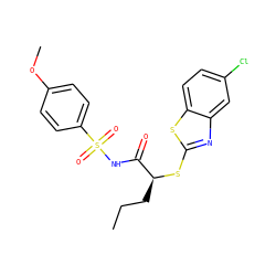 CCC[C@H](Sc1nc2cc(Cl)ccc2s1)C(=O)NS(=O)(=O)c1ccc(OC)cc1 ZINC000653740474