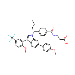 CCC[C@H](c1ccc(C(=O)NCCC(=O)O)cc1)n1cc(-c2cc(C(F)(F)F)ccc2OC)c2ccc(-c3ccc(OC)cc3)cc21 ZINC000473083585
