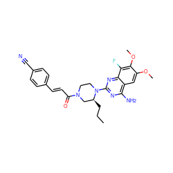 CCC[C@H]1CN(C(=O)/C=C/c2ccc(C#N)cc2)CCN1c1nc(N)c2cc(OC)c(OC)c(F)c2n1 ZINC000210857488