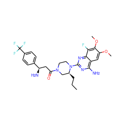 CCC[C@H]1CN(C(=O)C[C@@H](N)c2ccc(C(F)(F)F)cc2)CCN1c1nc(N)c2cc(OC)c(OC)c(F)c2n1 ZINC001772627149