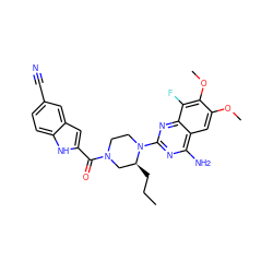 CCC[C@H]1CN(C(=O)c2cc3cc(C#N)ccc3[nH]2)CCN1c1nc(N)c2cc(OC)c(OC)c(F)c2n1 ZINC001772636359