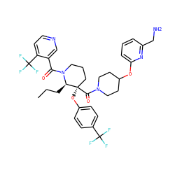 CCC[C@H]1N(C(=O)c2cnccc2C(F)(F)F)CCC[C@@]1(Oc1ccc(C(F)(F)F)cc1)C(=O)N1CCC(Oc2cccc(CN)n2)CC1 ZINC000653846608