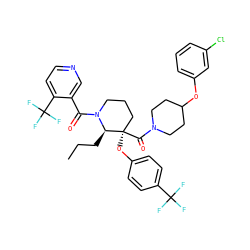 CCC[C@H]1N(C(=O)c2cnccc2C(F)(F)F)CCC[C@@]1(Oc1ccc(C(F)(F)F)cc1)C(=O)N1CCC(Oc2cccc(Cl)c2)CC1 ZINC000653850052