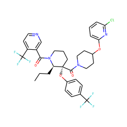 CCC[C@H]1N(C(=O)c2cnccc2C(F)(F)F)CCC[C@@]1(Oc1ccc(C(F)(F)F)cc1)C(=O)N1CCC(Oc2cccc(Cl)n2)CC1 ZINC000653849930