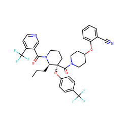 CCC[C@H]1N(C(=O)c2cnccc2C(F)(F)F)CCC[C@@]1(Oc1ccc(C(F)(F)F)cc1)C(=O)N1CCC(Oc2ccccc2C#N)CC1 ZINC000653850029