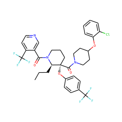 CCC[C@H]1N(C(=O)c2cnccc2C(F)(F)F)CCC[C@@]1(Oc1ccc(C(F)(F)F)cc1)C(=O)N1CCC(Oc2ccccc2Cl)CC1 ZINC000653850098