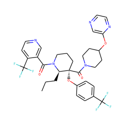 CCC[C@H]1N(C(=O)c2cnccc2C(F)(F)F)CCC[C@@]1(Oc1ccc(C(F)(F)F)cc1)C(=O)N1CCC(Oc2cnccn2)CC1 ZINC000653842879