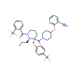 CCC[C@H]1N(C(=O)c2cnccc2C(F)(F)F)CCC[C@@]1(Oc1ccc(C(F)(F)F)cc1)C(=O)N1CCC(Oc2ncccc2C#N)CC1 ZINC000653846532