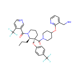CCC[C@H]1N(C(=O)c2cnccc2C(F)(F)F)CCC[C@@]1(Oc1ccc(C(F)(F)F)cc1)C(=O)N1CCC(Oc2ncccc2CN)CC1 ZINC000653843536