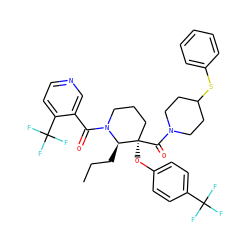 CCC[C@H]1N(C(=O)c2cnccc2C(F)(F)F)CCC[C@@]1(Oc1ccc(C(F)(F)F)cc1)C(=O)N1CCC(Sc2ccccc2)CC1 ZINC000653845414