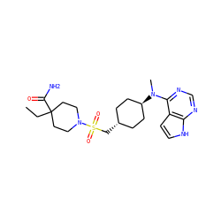 CCC1(C(N)=O)CCN(S(=O)(=O)C[C@H]2CC[C@H](N(C)c3ncnc4[nH]ccc34)CC2)CC1 ZINC000261090719