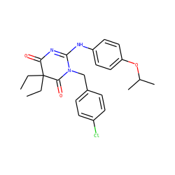 CCC1(CC)C(=O)N=C(Nc2ccc(OC(C)C)cc2)N(Cc2ccc(Cl)cc2)C1=O ZINC000204089725