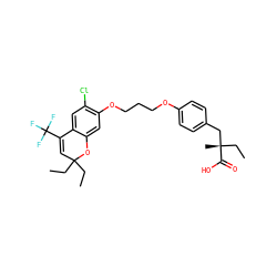 CCC1(CC)C=C(C(F)(F)F)c2cc(Cl)c(OCCCOc3ccc(C[C@](C)(CC)C(=O)O)cc3)cc2O1 ZINC000028571034