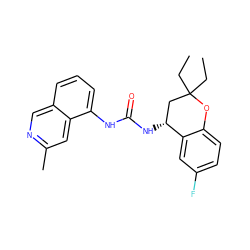 CCC1(CC)C[C@@H](NC(=O)Nc2cccc3cnc(C)cc23)c2cc(F)ccc2O1 ZINC000059264537