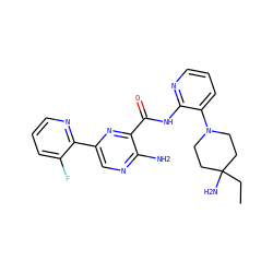 CCC1(N)CCN(c2cccnc2NC(=O)c2nc(-c3ncccc3F)cnc2N)CC1 ZINC001772626550