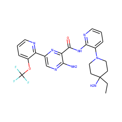 CCC1(N)CCN(c2cccnc2NC(=O)c2nc(-c3ncccc3OC(F)(F)F)cnc2N)CC1 ZINC001772620539