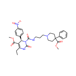 CCC1=C(C(=O)OC)[C@@H](c2ccc([N+](=O)[O-])cc2)N(C(=O)NCCCN2CCC(C(=O)OC)(c3ccccc3)CC2)C(=O)N1 ZINC000027525871