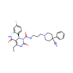 CCC1=C(C(N)=O)[C@@H](c2ccc(F)cc2F)N(C(=O)NCCCN2CCC(C#N)(c3ccccc3)CC2)C(=O)N1 ZINC000003979353