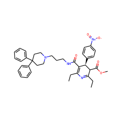 CCC1=NC(CC)=C(C(=O)NCCCN2CCC(c3ccccc3)(c3ccccc3)CC2)[C@@H](c2ccc([N+](=O)[O-])cc2)C1C(=O)OC ZINC000028759173