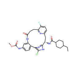 CCC1CCC(C(=O)N[C@H]2Cc3ccc(F)c(n3)CCC(=O)Nc3cc(NC(=O)OC)ccc3-c3nc2[nH]c3Cl)CC1 ZINC000072316247