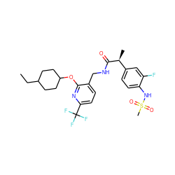 CCC1CCC(Oc2nc(C(F)(F)F)ccc2CNC(=O)[C@@H](C)c2ccc(NS(C)(=O)=O)c(F)c2)CC1 ZINC000096270940
