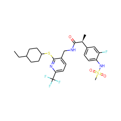 CCC1CCC(Sc2nc(C(F)(F)F)ccc2CNC(=O)[C@@H](C)c2ccc(NS(C)(=O)=O)c(F)c2)CC1 ZINC000096286074