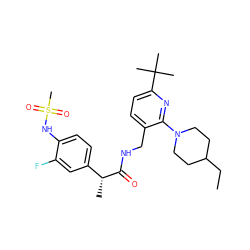 CCC1CCN(c2nc(C(C)(C)C)ccc2CNC(=O)[C@H](C)c2ccc(NS(C)(=O)=O)c(F)c2)CC1 ZINC001772650992