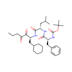 CCCC(=O)C(=O)[C@H](CC1CCCCC1)NC(=O)[C@H](CC(C)C)NC(=O)[C@H](Cc1ccccc1)NC(=O)OC(C)(C)C ZINC000003920658