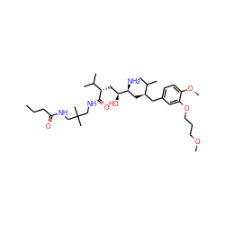 CCCC(=O)NCC(C)(C)CNC(=O)[C@@H](C[C@H](O)[C@@H](N)C[C@H](Cc1ccc(OC)c(OCCCOC)c1)C(C)C)C(C)C ZINC000072178242