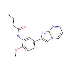 CCCC(=O)Nc1cc(-c2cn3cccnc3n2)ccc1OC ZINC000003957652