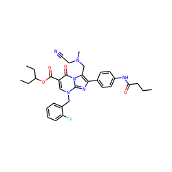 CCCC(=O)Nc1ccc(-c2nc3n(Cc4ccccc4F)cc(C(=O)OC(CC)CC)c(=O)n3c2CN(C)CC#N)cc1 ZINC000026287043