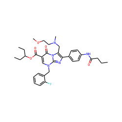 CCCC(=O)Nc1ccc(-c2nc3n(Cc4ccccc4F)cc(C(=O)OC(CC)CC)c(=O)n3c2CN(C)CCOC)cc1 ZINC000026281627