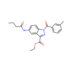 CCCC(=O)Nc1ccc2c(c1)c(C(=O)OCC)nn2C(=O)c1cccc(C)c1 ZINC000096273887