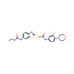 CCCC(=O)Nc1ccc2nc(SCC(=O)Nc3ccc(N4CCOCC4)c(Cl)c3)sc2c1 ZINC000000624679