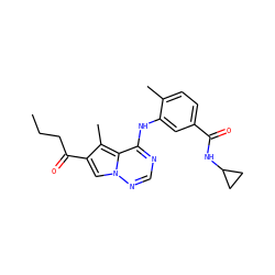 CCCC(=O)c1cn2ncnc(Nc3cc(C(=O)NC4CC4)ccc3C)c2c1C ZINC000072175891