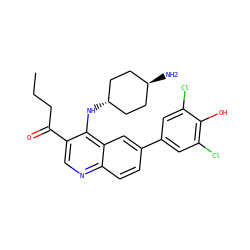 CCCC(=O)c1cnc2ccc(-c3cc(Cl)c(O)c(Cl)c3)cc2c1N[C@H]1CC[C@H](N)CC1 ZINC000473194827