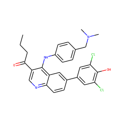 CCCC(=O)c1cnc2ccc(-c3cc(Cl)c(O)c(Cl)c3)cc2c1Nc1ccc(CN(C)C)cc1 ZINC000203798439