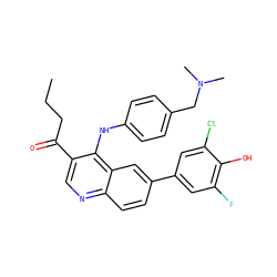 CCCC(=O)c1cnc2ccc(-c3cc(F)c(O)c(Cl)c3)cc2c1Nc1ccc(CN(C)C)cc1 ZINC000203798419
