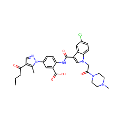 CCCC(=O)c1cnn(-c2ccc(NC(=O)c3cn(CC(=O)N4CCN(C)CC4)c4ccc(Cl)cc34)c(C(=O)O)c2)c1C ZINC000299835512