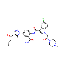 CCCC(=O)c1cnn(-c2ccc(NC(=O)c3cn(CC(=O)N4CCN(C)CC4)c4ccc(Cl)cc34)c(C(N)=O)c2)c1C ZINC000299831044