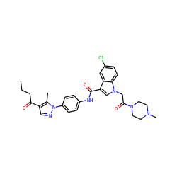 CCCC(=O)c1cnn(-c2ccc(NC(=O)c3cn(CC(=O)N4CCN(C)CC4)c4ccc(Cl)cc34)cc2)c1C ZINC000203554569