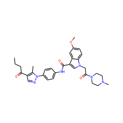 CCCC(=O)c1cnn(-c2ccc(NC(=O)c3cn(CC(=O)N4CCN(C)CC4)c4ccc(OC)cc34)cc2)c1C ZINC000203554807