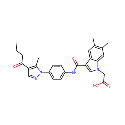 CCCC(=O)c1cnn(-c2ccc(NC(=O)c3cn(CC(=O)O)c4cc(C)c(C)cc34)cc2)c1C ZINC000203553346