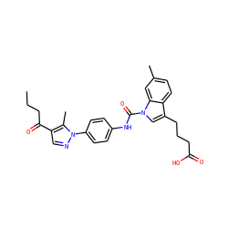 CCCC(=O)c1cnn(-c2ccc(NC(=O)n3cc(CCCC(=O)O)c4ccc(C)cc43)cc2)c1C ZINC000299825425