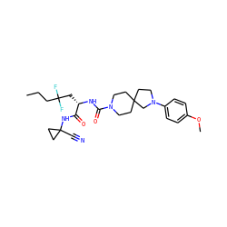 CCCC(F)(F)C[C@H](NC(=O)N1CCC2(CC1)CCN(c1ccc(OC)cc1)C2)C(=O)NC1(C#N)CC1 ZINC000113631124