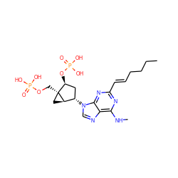 CCCC/C=C/c1nc(NC)c2ncn([C@H]3C[C@H](OP(=O)(O)O)[C@]4(COP(=O)(O)O)C[C@H]34)c2n1 ZINC000013528988