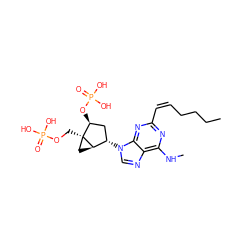 CCCC/C=C\c1nc(NC)c2ncn([C@H]3C[C@H](OP(=O)(O)O)[C@]4(COP(=O)(O)O)C[C@H]34)c2n1 ZINC000038156741