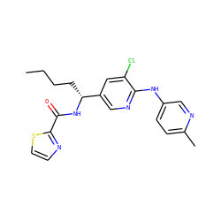CCCC[C@@H](NC(=O)c1nccs1)c1cnc(Nc2ccc(C)nc2)c(Cl)c1 ZINC000473107596