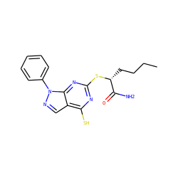 CCCC[C@@H](Sc1nc(S)c2cnn(-c3ccccc3)c2n1)C(N)=O ZINC000013759698